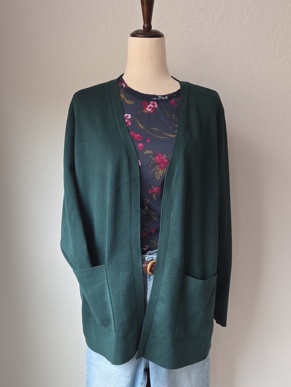 Open-Front Dark Green Women's Long Cardigan Jacket Sweater Pockets 2XL Fall